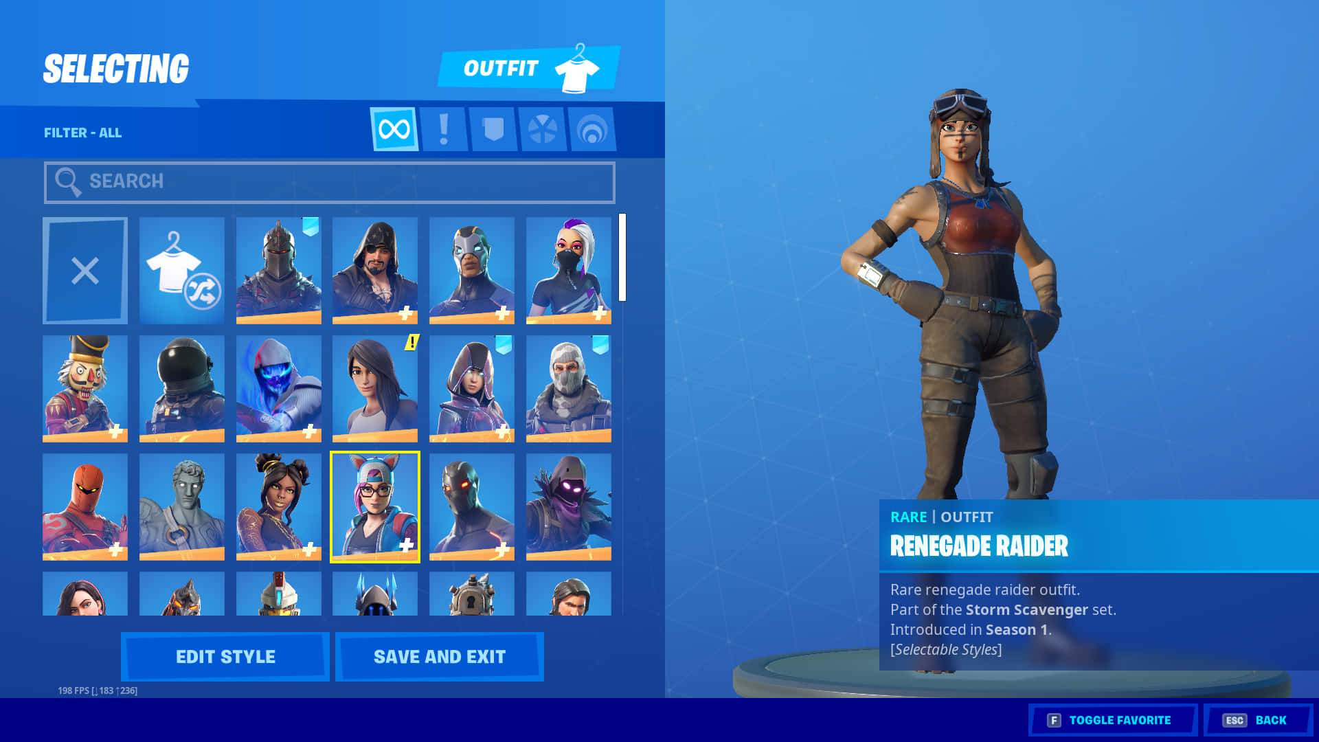 加入空降突擊兵，捍衛自由 壁紙 — Fortnite 角色選擇畫面顯示「Renegade Raider」服裝為稀有遊戲內物品，並有其他角色造型的網格。