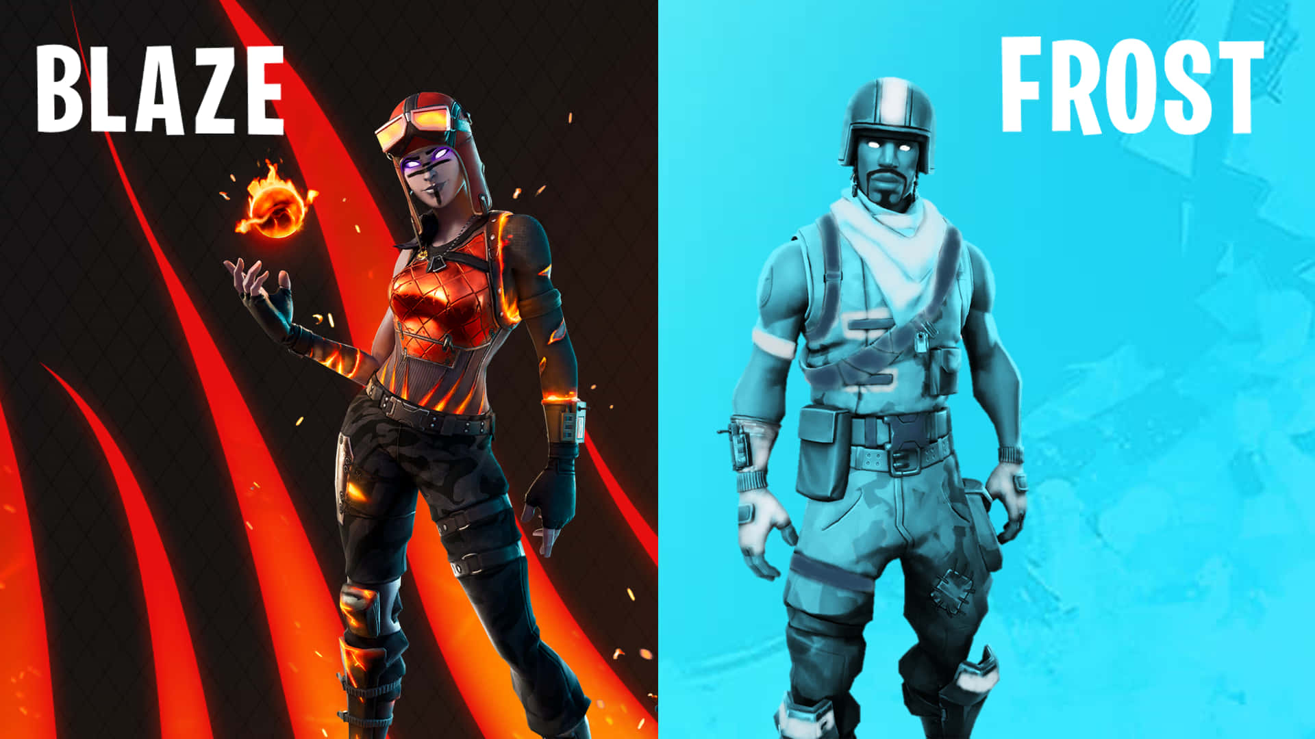 加入空降突擊兵的戰鬥！ 壁紙 — 兩個Fortnite角色Blaze（帶有火熱的橙色光芒）和Frost（帶有冰藍色調）並排站在對比鮮明的背景前。