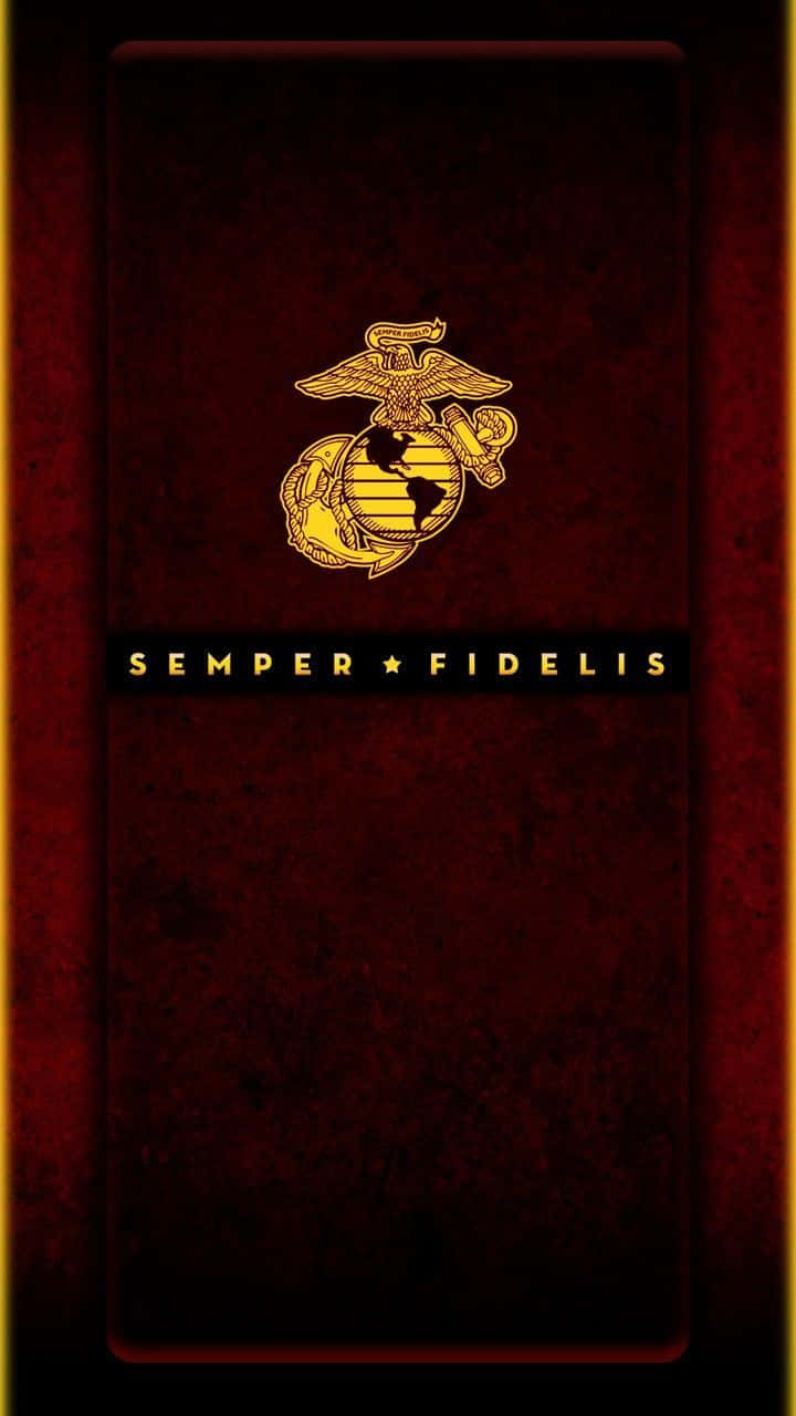 加入美國海軍陸戰隊！ 壁紙 — 金色海軍陸戰隊徽章及座右銘 Semper Fidelis 在帶有紋理的深紅色背景上發光，並帶有發光的橙色邊框。