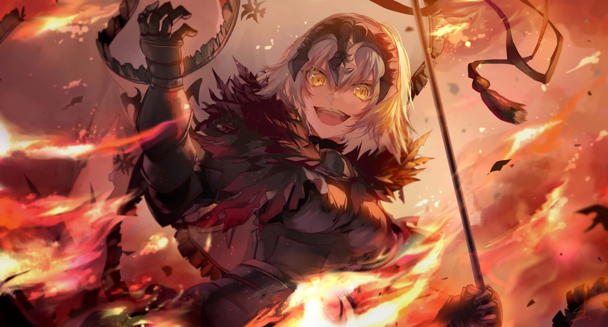 加入聖途，《Fate/Grand Order》 壁紙 — 一位火熱的動漫戰士，擁有發光的眼睛和秋葉，在橙色和紅色的火焰中揮舞武器。