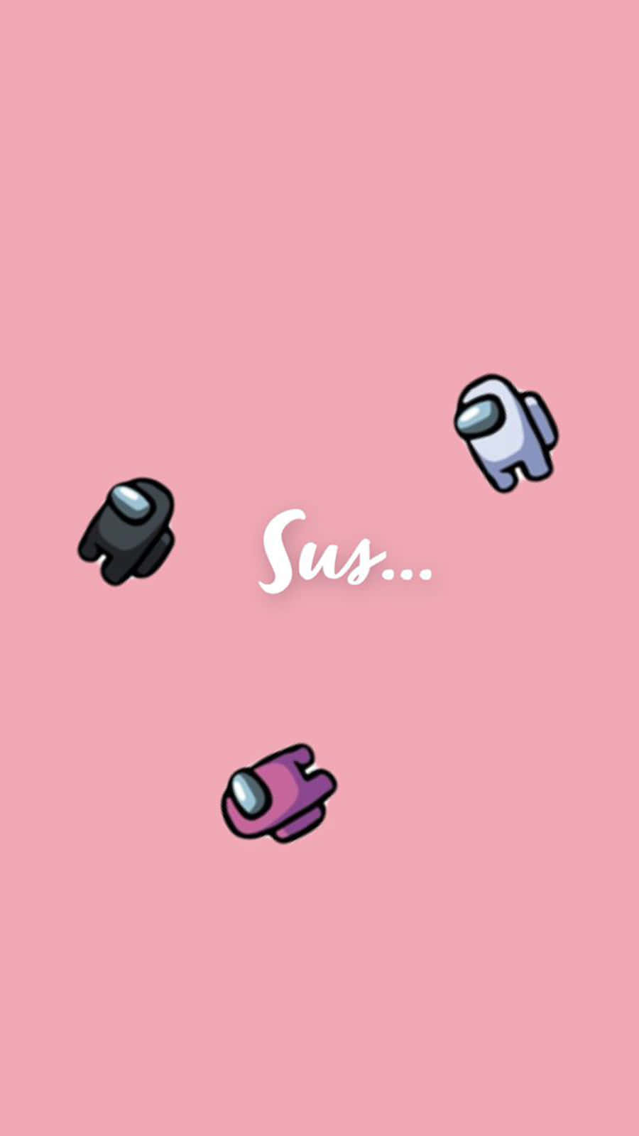 三個 Among Us 角色在粉紅色背景上漂浮，帶有「Sus...」文字。