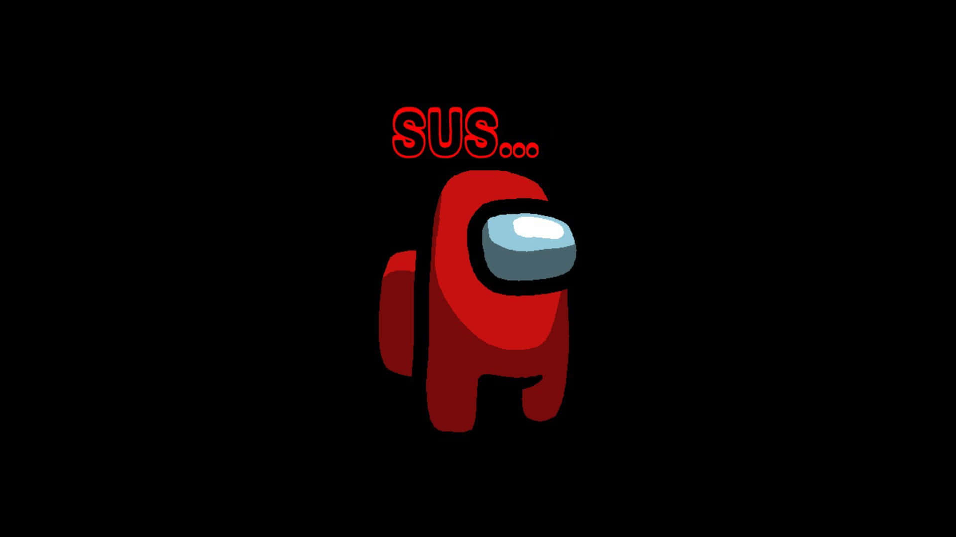 加入船員行列！ 壁紙 — 一個紅色Among Us船員，發光的眼睛和「SUS...」文字，漂浮在黑色背景上。