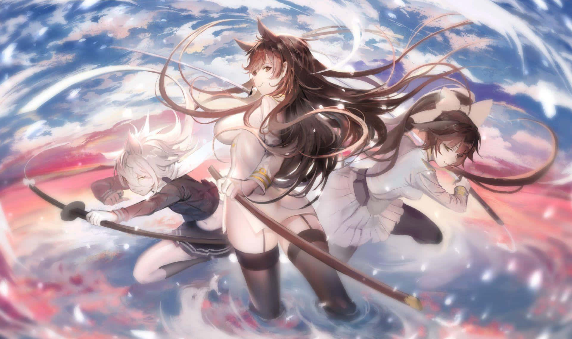 三個動漫女孩持劍跳躍在色彩繽紛的漩渦天空中。