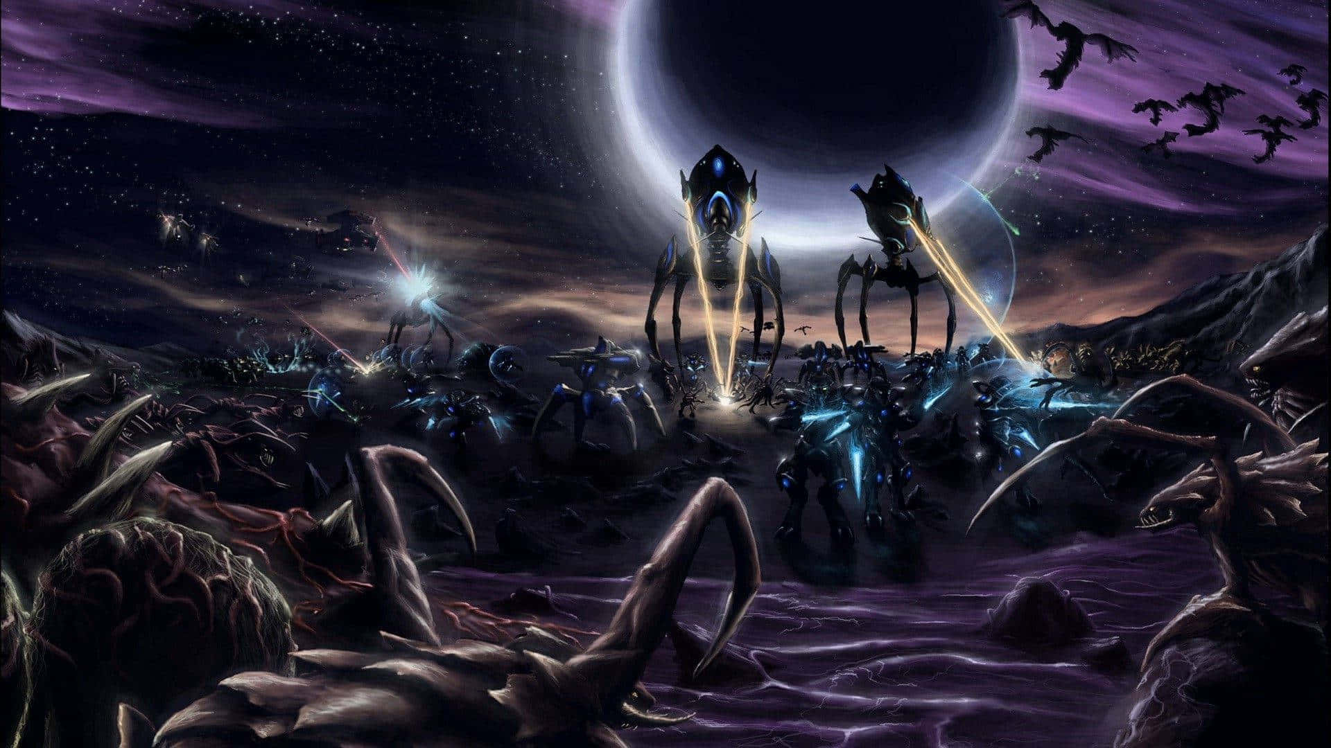 外星戰爭機器在新月下的紫色外星戰場上發射光束。