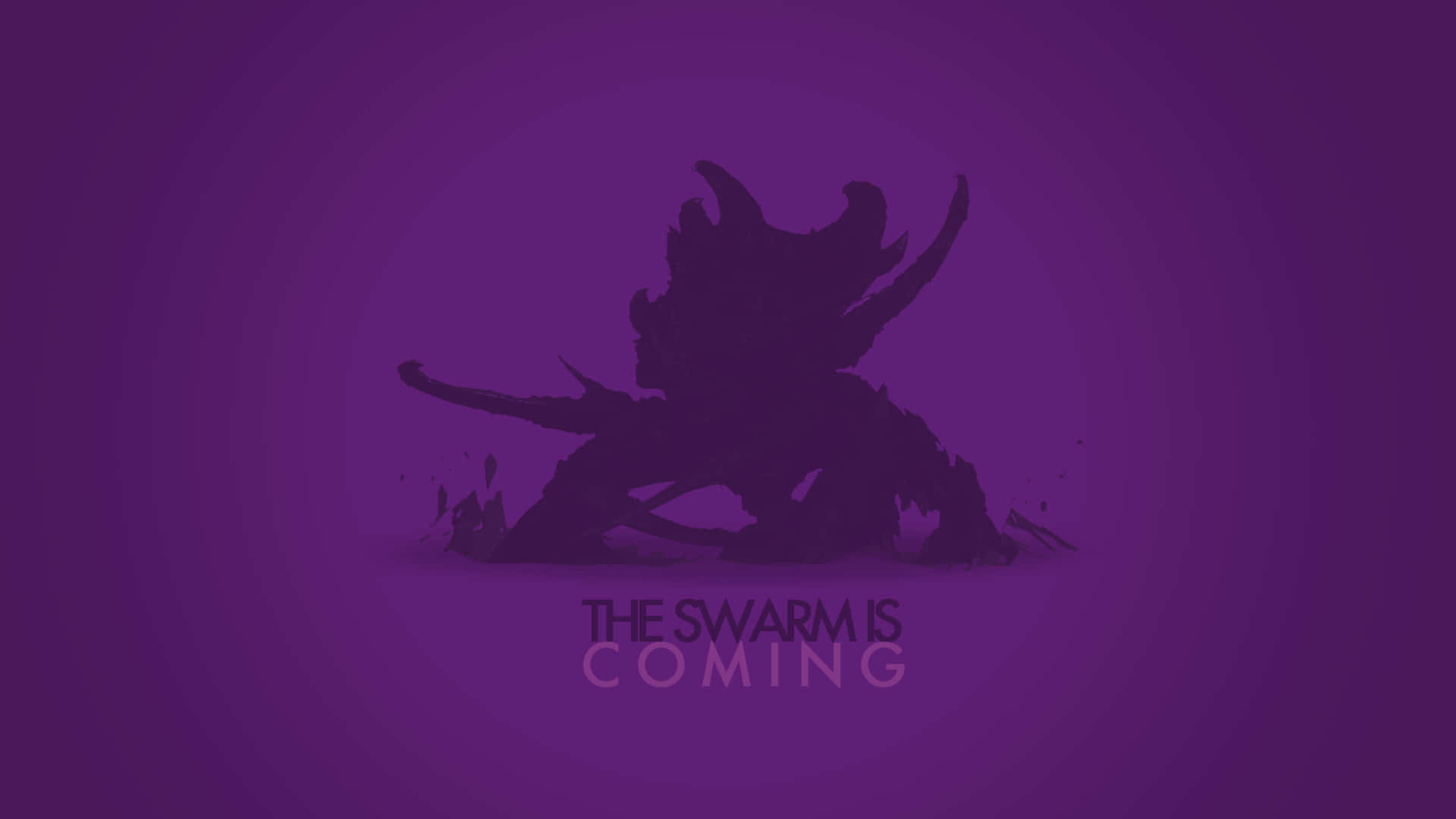 一個帶有角和爪的黑暗怪物剪影，紫色漸變背景，文字The Swarm Is Coming。