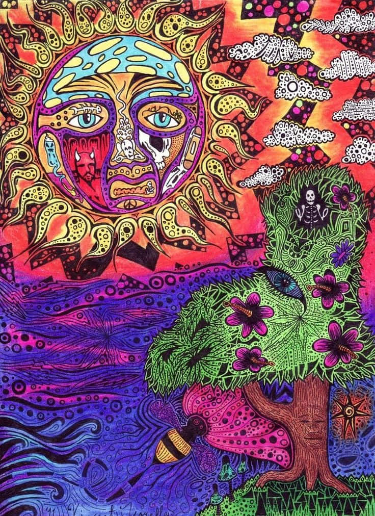一個帶有骷髏臉和藍眼睛的迷幻太陽懸浮在一棵有紫色花朵和蜜蜂的樹上。