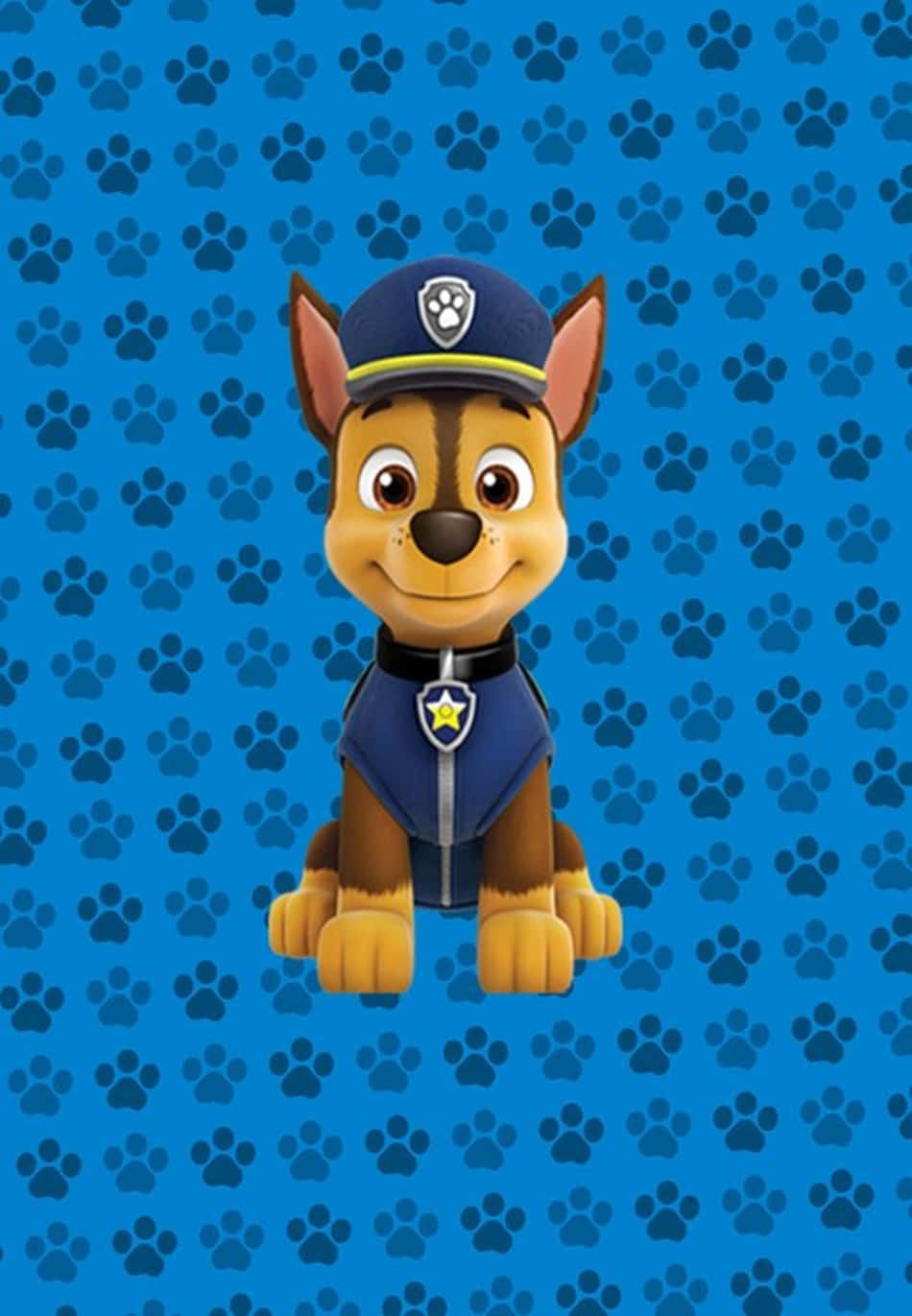 卡通警犬穿著藍色制服，爪印背景。