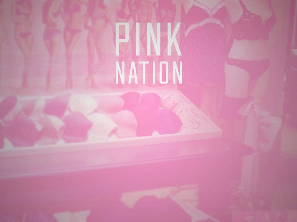 粉紅色內衣展示，附模特兒和「PINK NATION」文字。