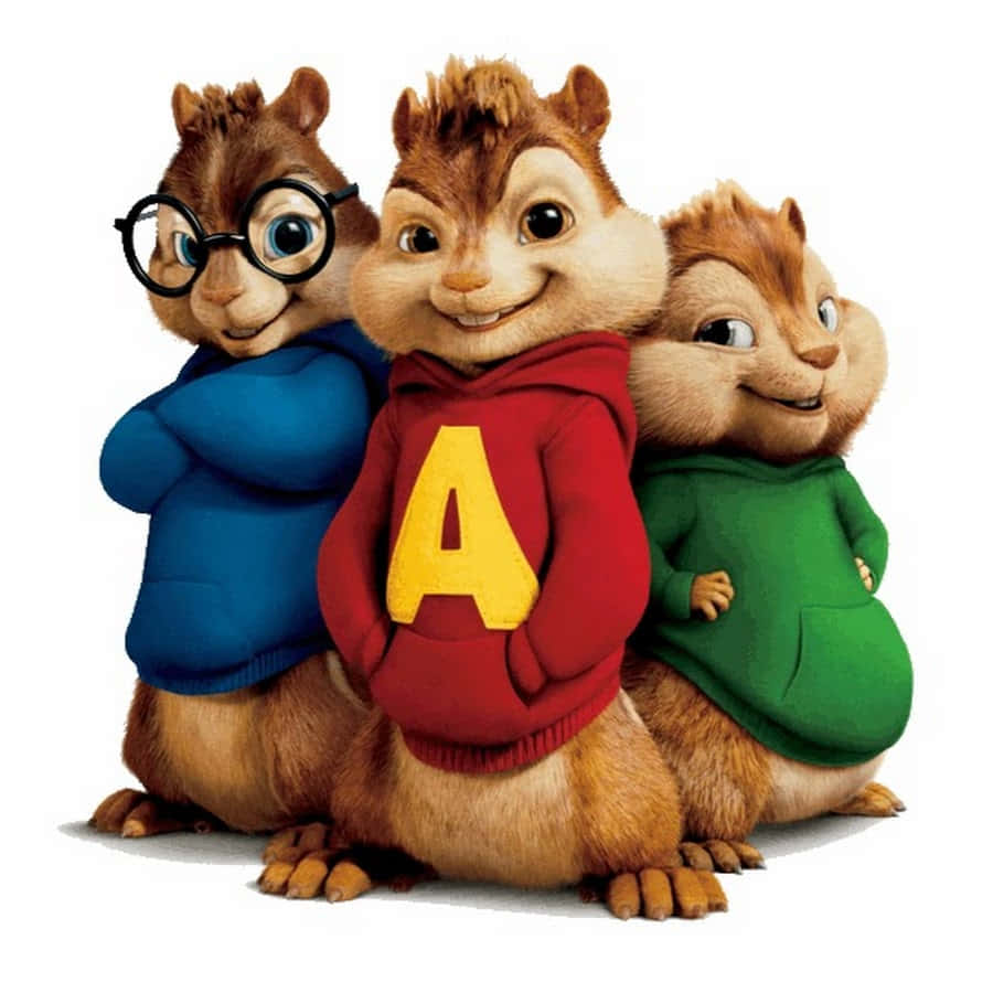 三隻穿著彩色連帽衫的花栗鼠角色對著鏡頭微笑。 — 阿爾文與_chipmunks 壁紙
