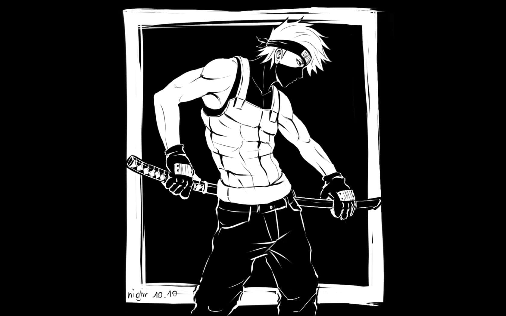 動漫劍士，頭髮尖刺並戴著眼罩，在黑白中手持武士刀。