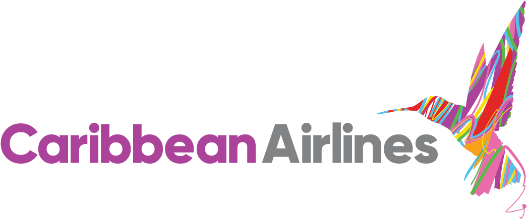 加勒比航空鳥形標誌 壁紙 — 黑色背景上「Caribbean Airlines」文字旁邊的鮮豔多彩蜂鳥標誌。