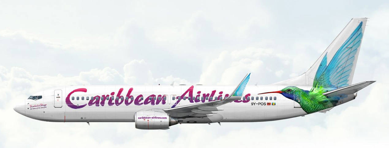 加勒比航空飛機帶有蜂鳥設計在雲層天空中飛行