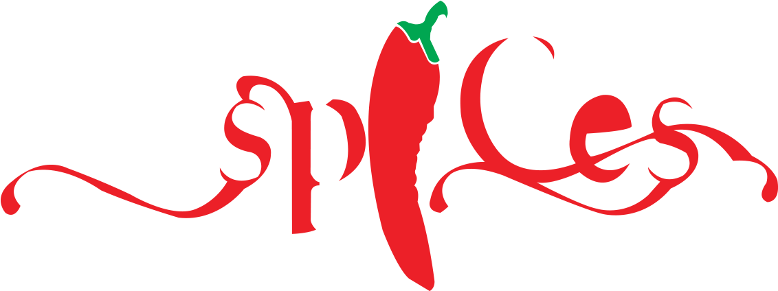 加勒比餐廳香料標誌 壁紙 — 一個大膽的紅辣椒，風格化為「Spices」中的字母「i」，用於加勒比海餐廳標誌，背景為黑色。
