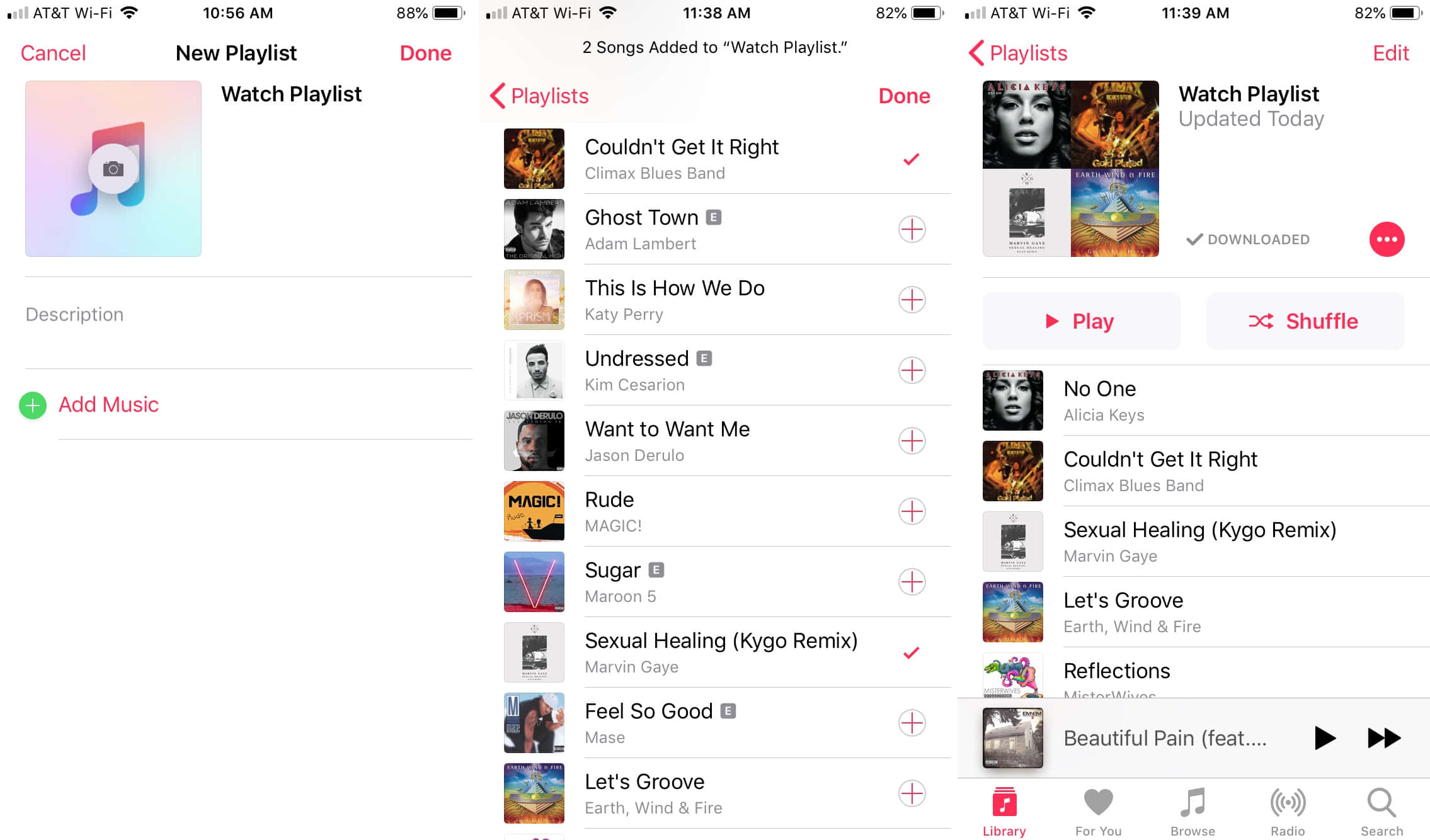 iPhone 音樂應用程式，顯示播放清單建立和帶有專輯封面的歌曲列表。