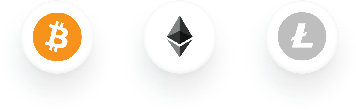 加密貨幣圖示：比特幣、以太坊、萊特幣 壁紙 — 三個加密貨幣標誌 Bitcoin Ethereum 和 Litecoin 顯示在白色圓圈中，帶有青藍色動態模糊效果，背景為黑色。