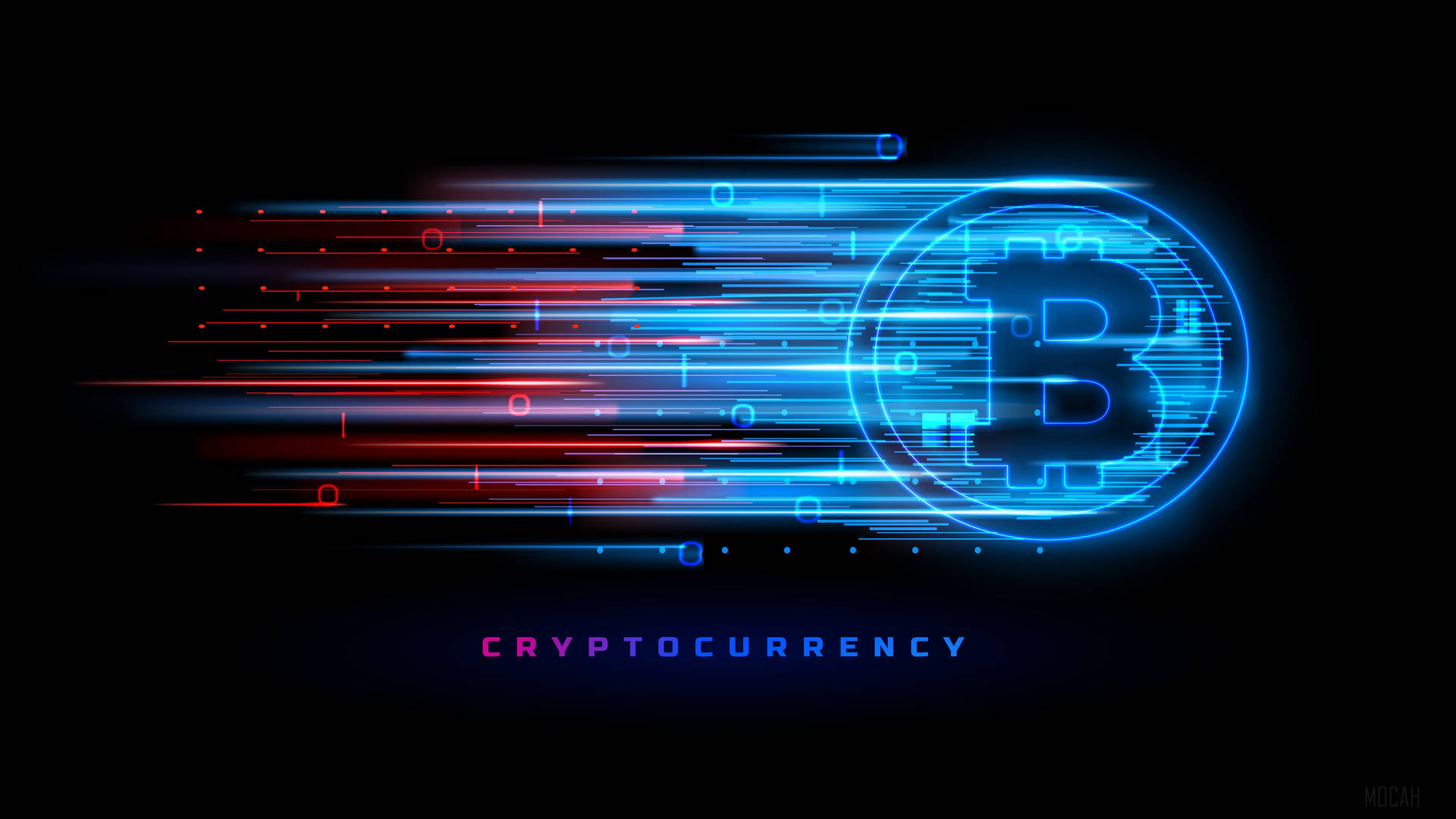 加密貨幣比特幣動感圖像 壁紙 — 一個發光的藍色比特幣符號在黑色背景上穿過數碼數據流，帶有紅色和藍色的動態模糊效果。