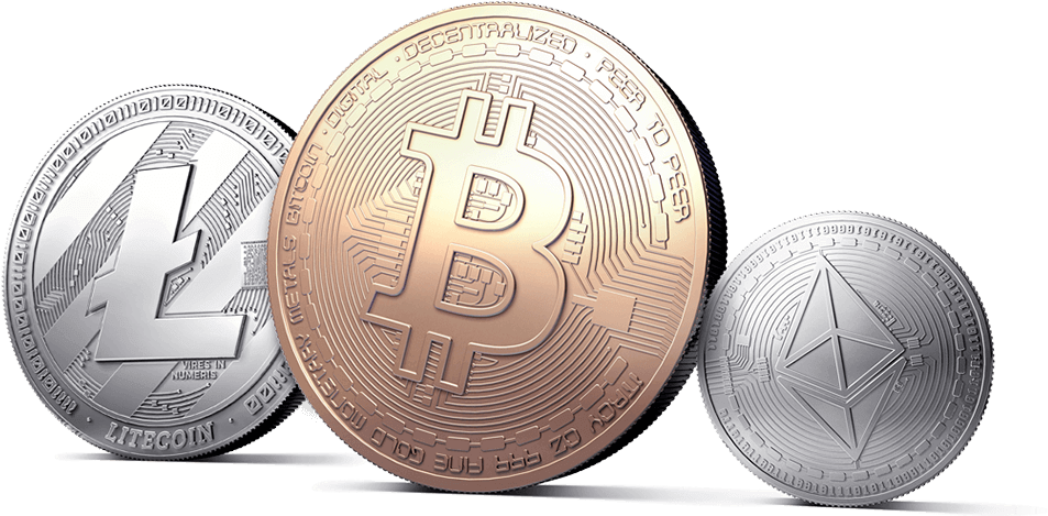 加密貨幣硬幣代表 壁紙 — 三個逼真的加密貨幣硬幣 Bitcoin Litecoin 和 Ethereum 排成一排，背景為黑色。