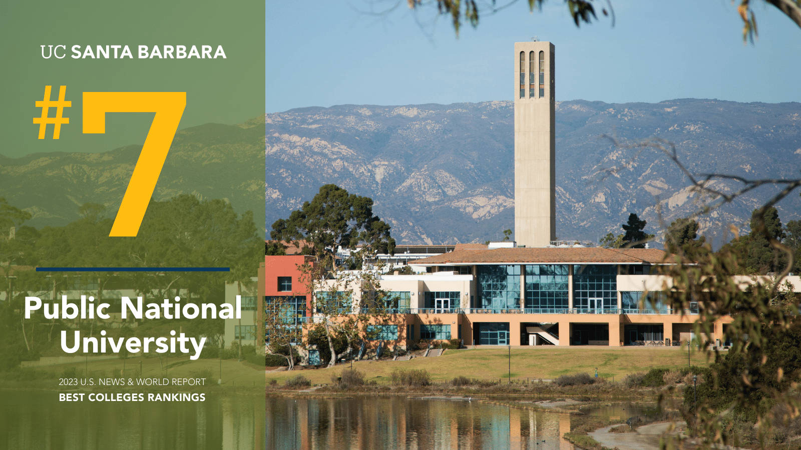 UC Santa Barbara 校園，鐘樓和山脈背景倒映在池塘中。