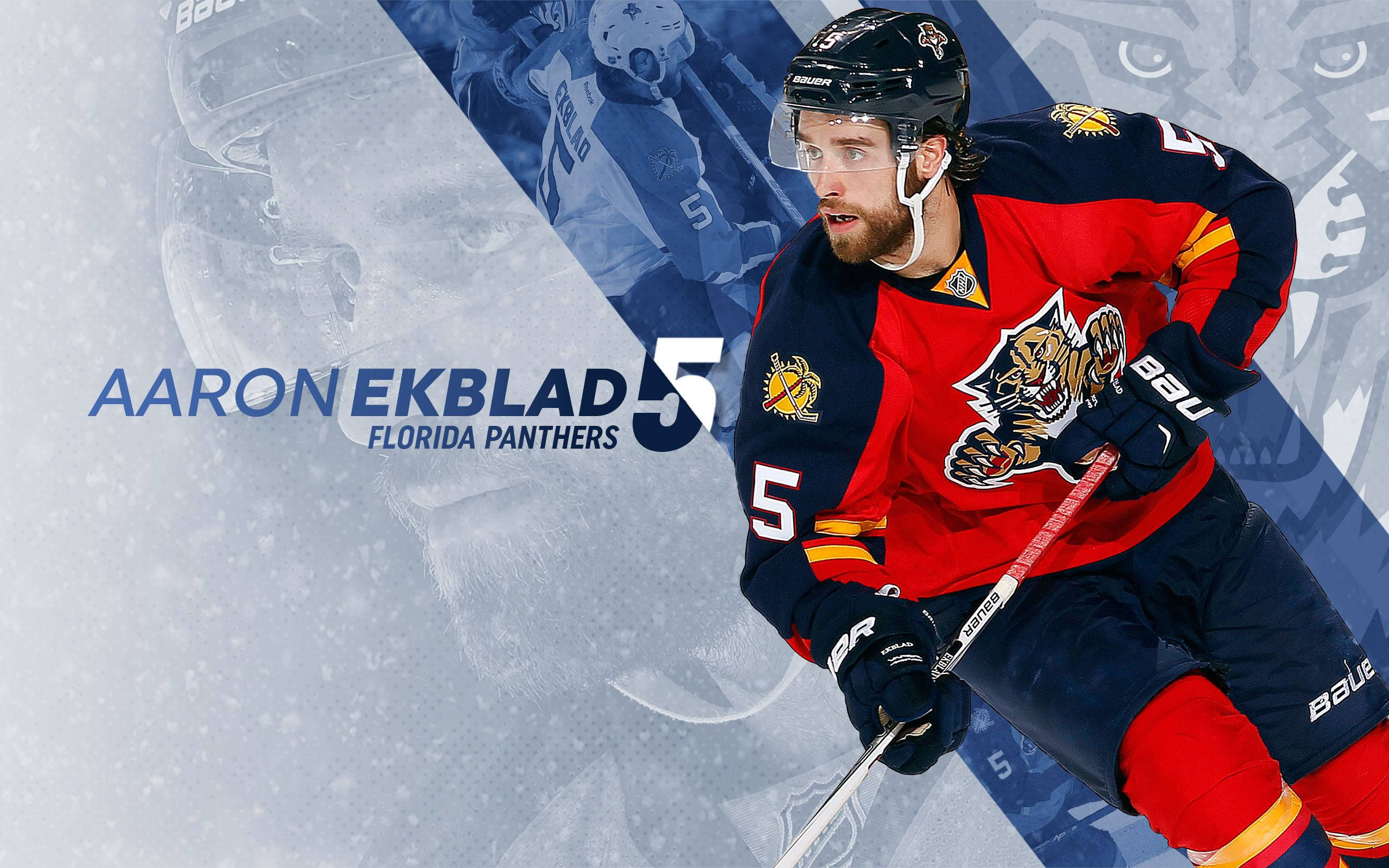 加拿大冰球運動員亞倫·埃克布拉德插畫 壁紙 — 冰球運動員 Aaron Ekblad 身穿佛羅里達美洲豹隊裝備，在雪花紛飛的冰面上動態滑行。
