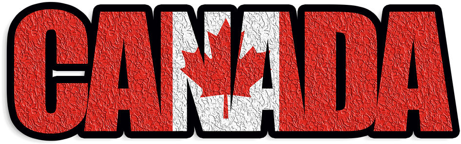 加拿大文字旗幟設計 壁紙 — 粗體紅色紋理字母拼出CANADA，中間有楓葉旗設計，背景為黑色。