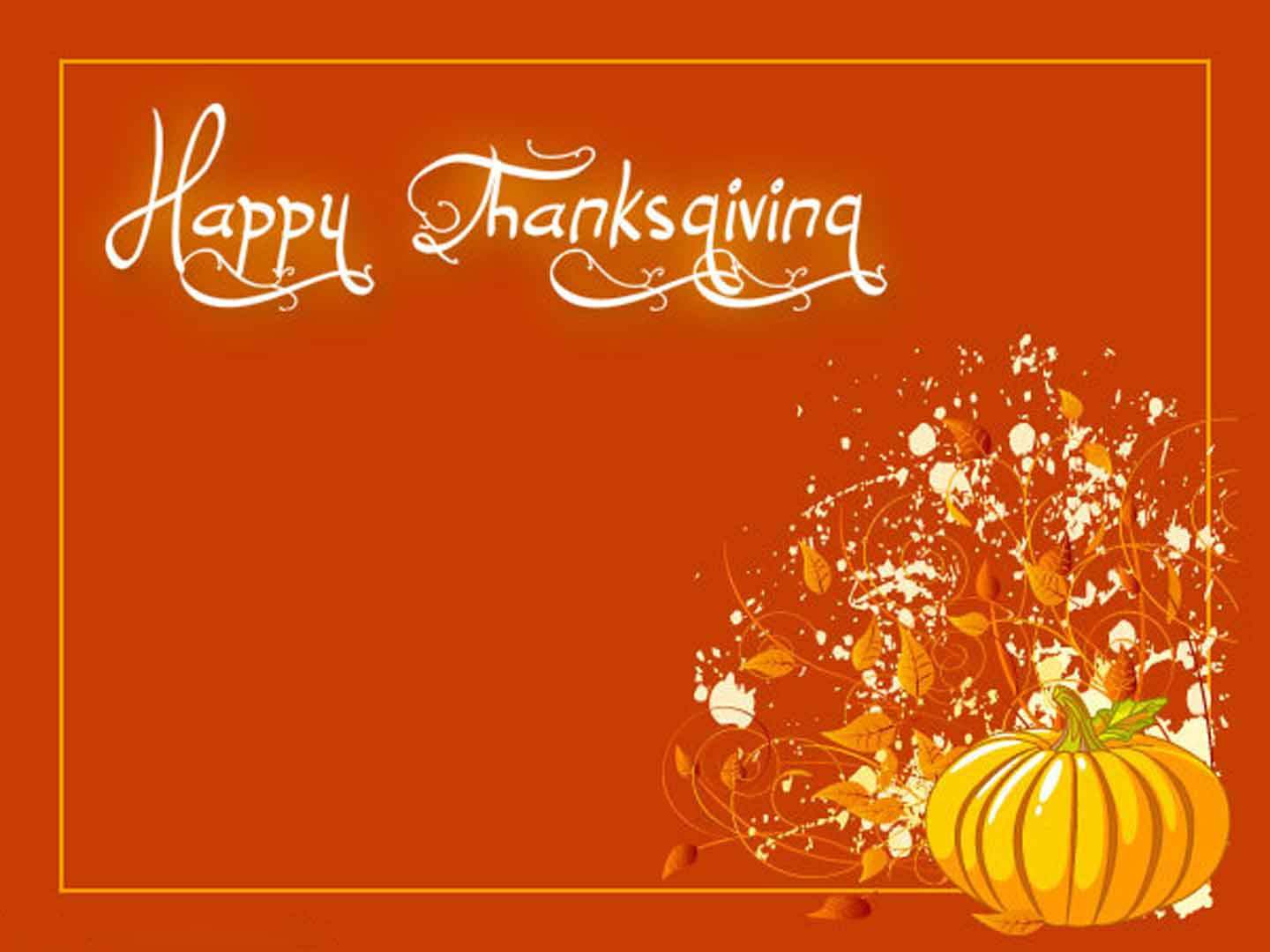 橙色背景上帶有南瓜和秋葉的Happy Thanksgiving賀卡。