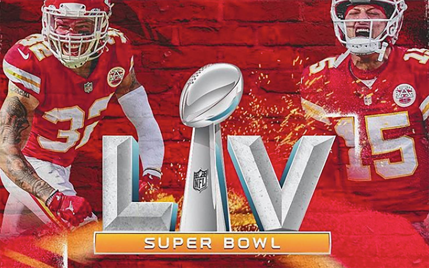 兩名NFL球員與超級碗LV獎盃一同慶祝。