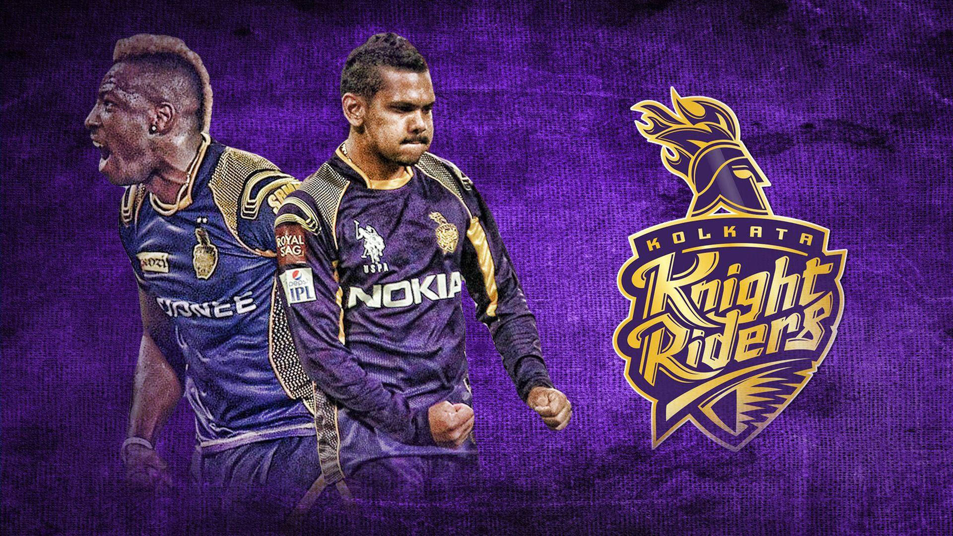 兩名身穿紫色球衣的板球運動員與Kolkata Knight Riders標誌一起慶祝。