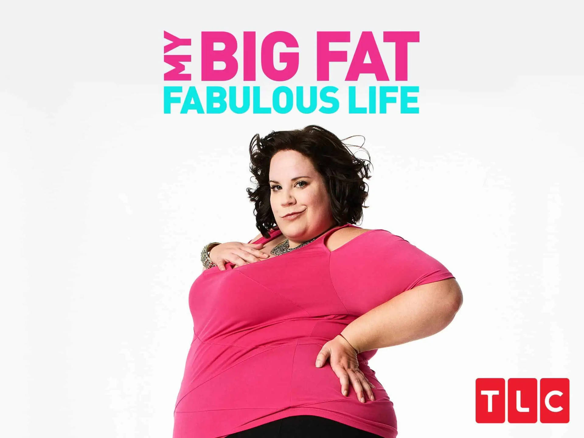 身穿粉紅色上衣的女性為電視節目 My Big Fat Fabulous Life 擺姿勢。