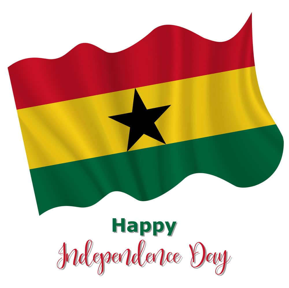 Independence 桌布 壁紙 — 加納國旗自豪地飄揚，帶有紅、黃、綠條紋和一顆黑星，背景為白色，並有慶祝文字。