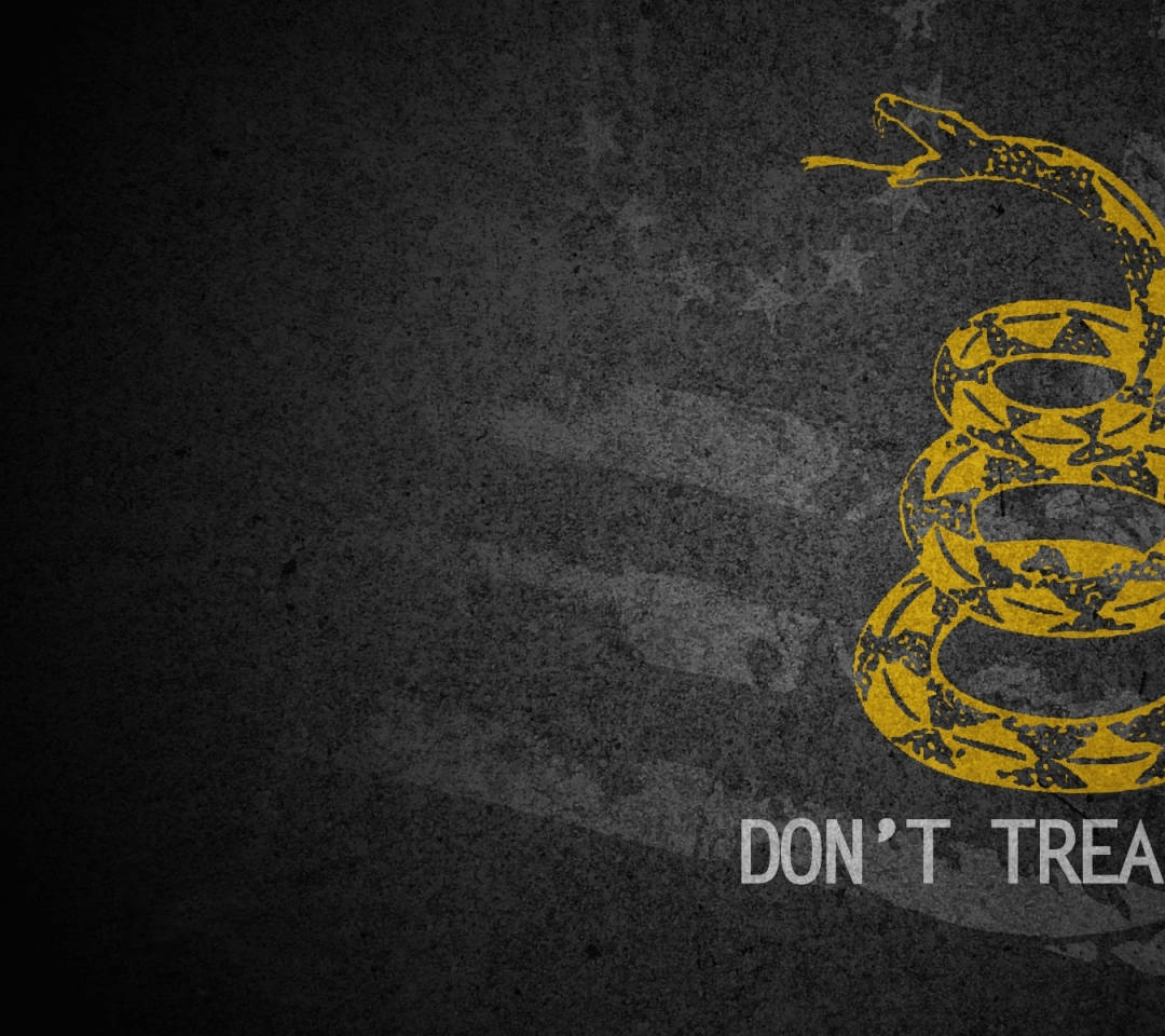 盤繞的黃色蛇，頭部抬起，並帶有 don't tread on me 的文字，背景為深色有紋理。