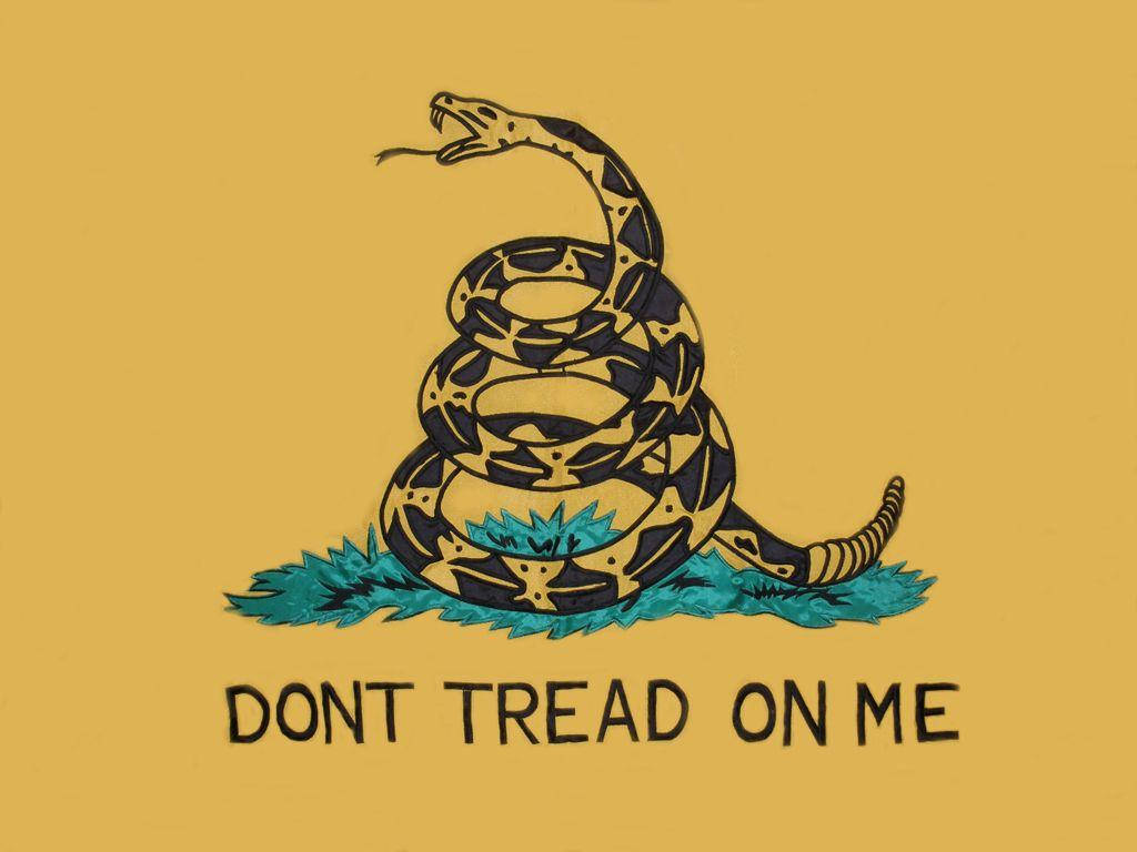 盤繞的響尾蛇，芥末黃背景上寫有文字 'DONT TREAD ON ME'