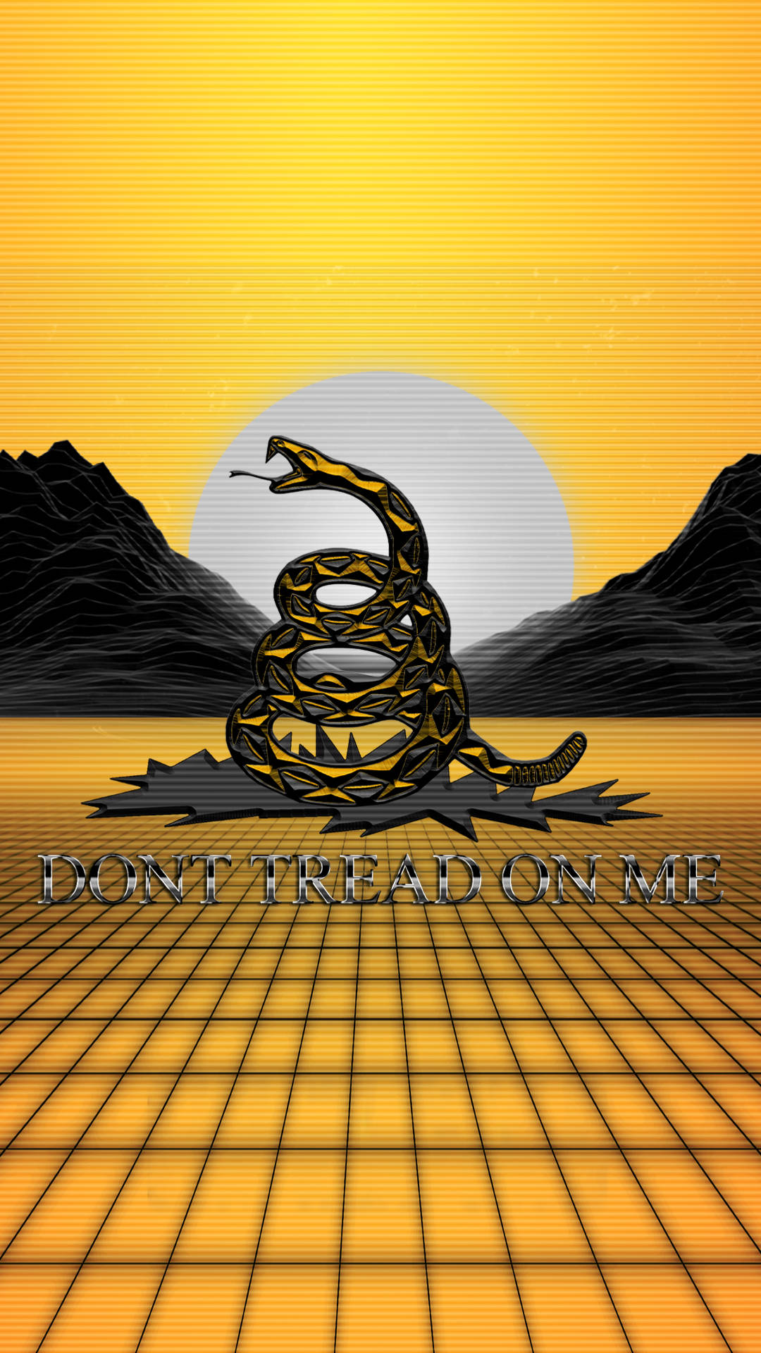 盤蛇帶有「DONT TREAD ON ME」文字在網格上，背景為日落山脈。