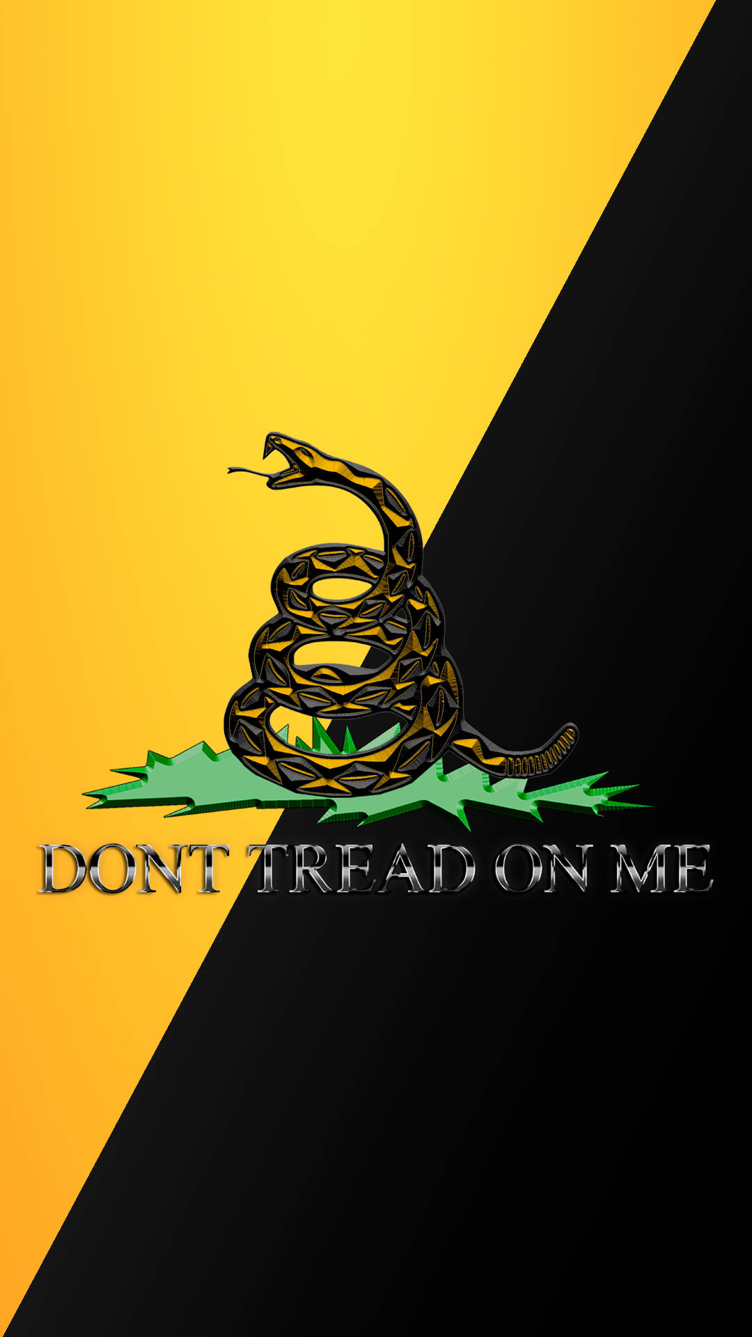 盤繞的響尾蛇在黃色和黑色背景上，附有文字 don't tread on me