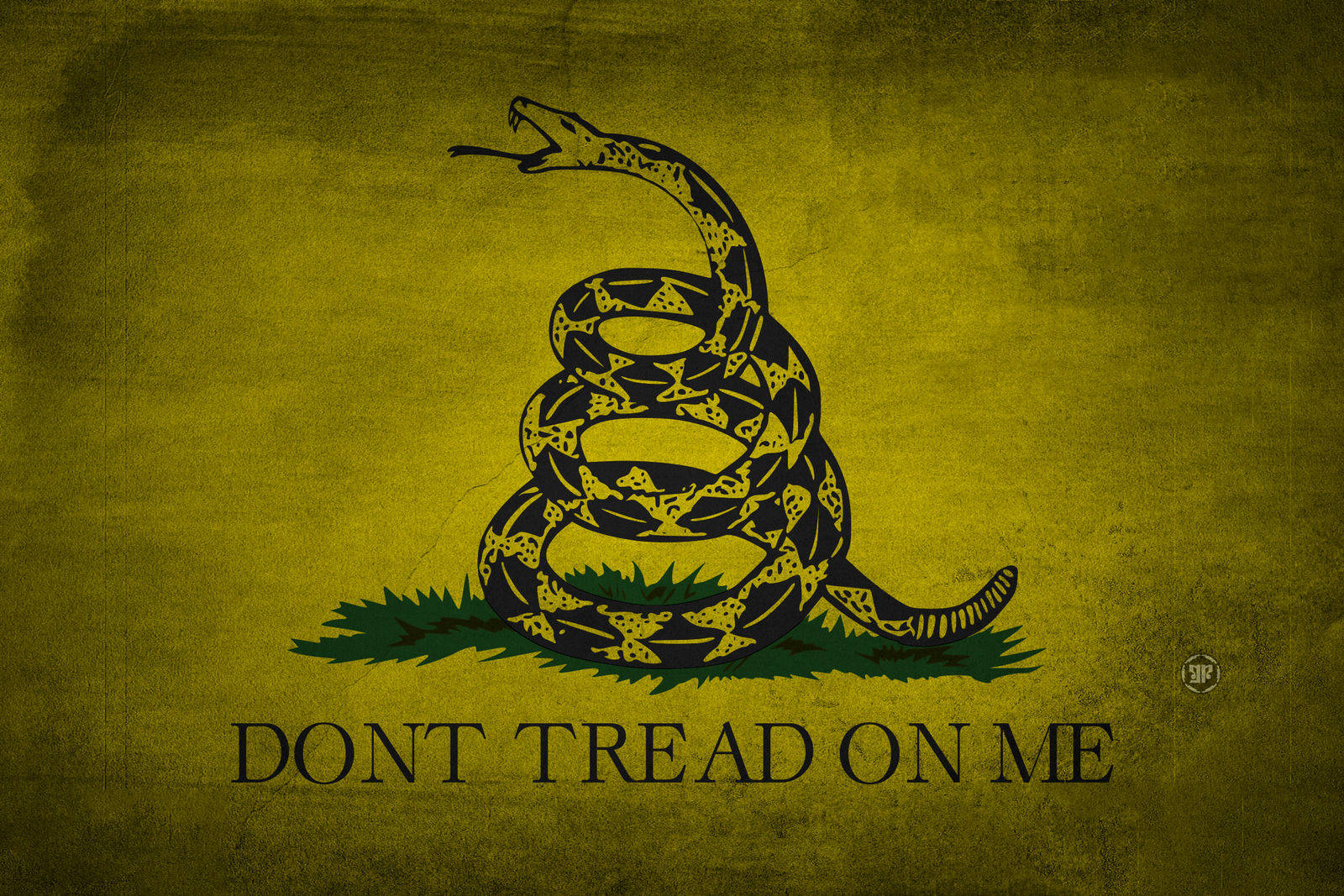 盤繞的黑色響尾蛇在綠色草地上，黃色背景上有 don't tread on me 文字。