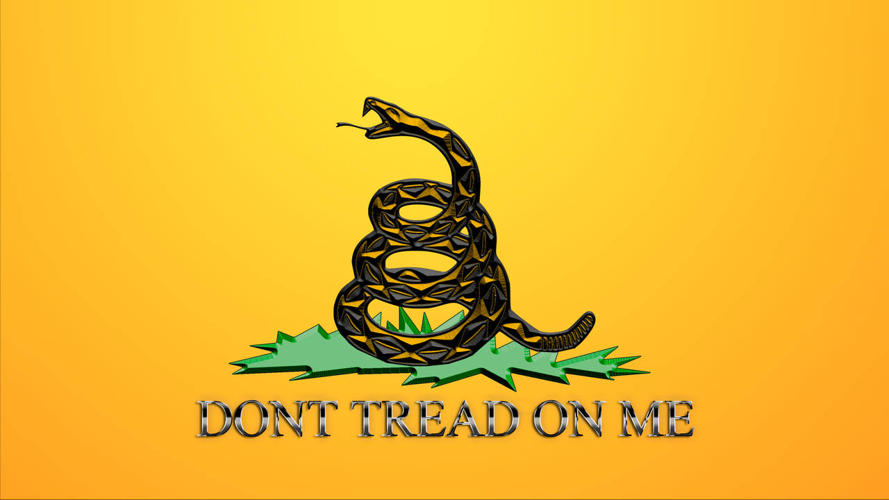 盤繞在草地上的響尾蛇，附有「DONT TREAD ON ME」文字。