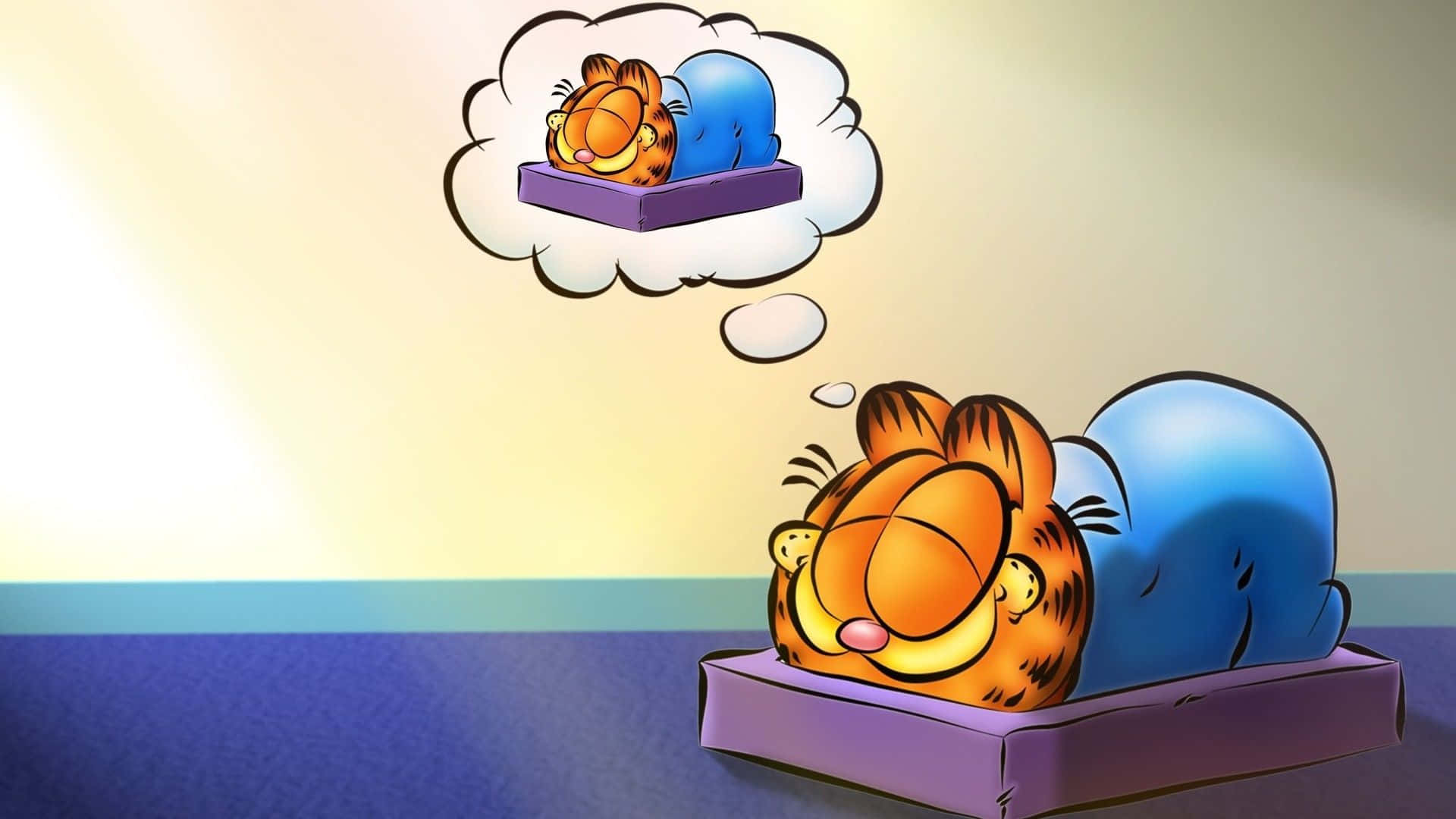 Sleep 桌布 壁紙 — 加菲貓在紫色枕頭上安睡，夢想在思想泡泡中躺在藍色靠墊上。