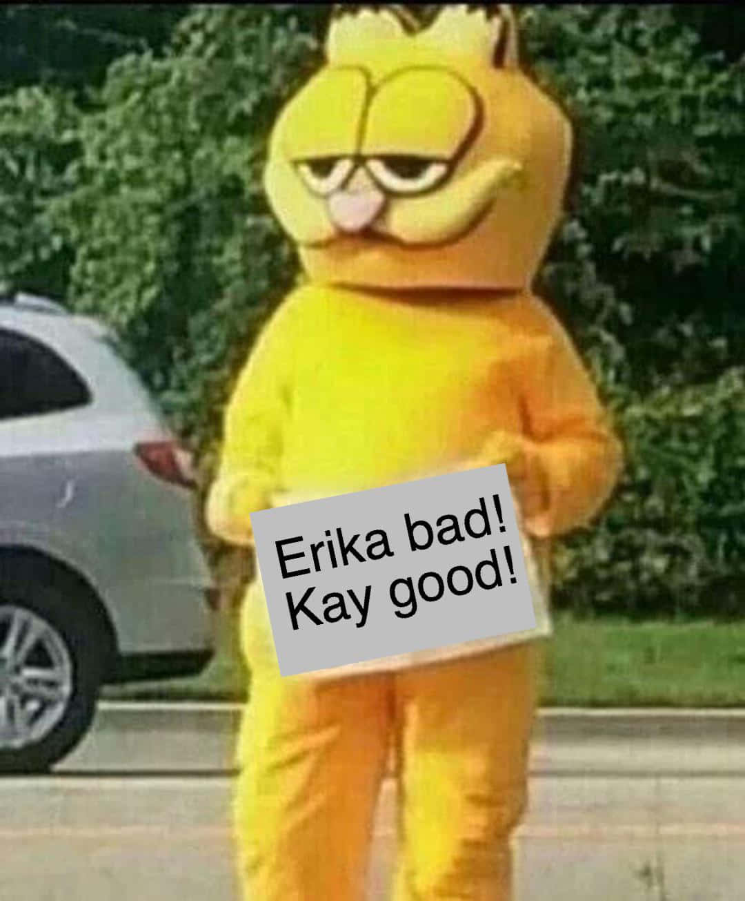 黃色加菲貓吉祥物在汽車旁舉著寫有「Erika bad! Kay good!」的標語牌。
