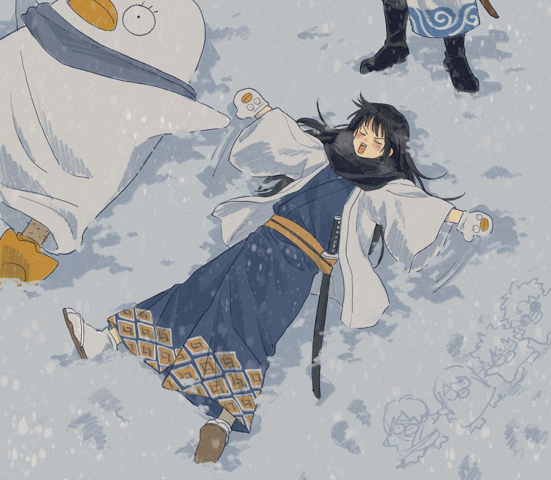 加藤孝太郎 雪景 壁紙 — 一位身穿藍白武士服的年輕動漫戰士倒在雪地裡，劍放在身旁，附近有一個雪人和其他身影。