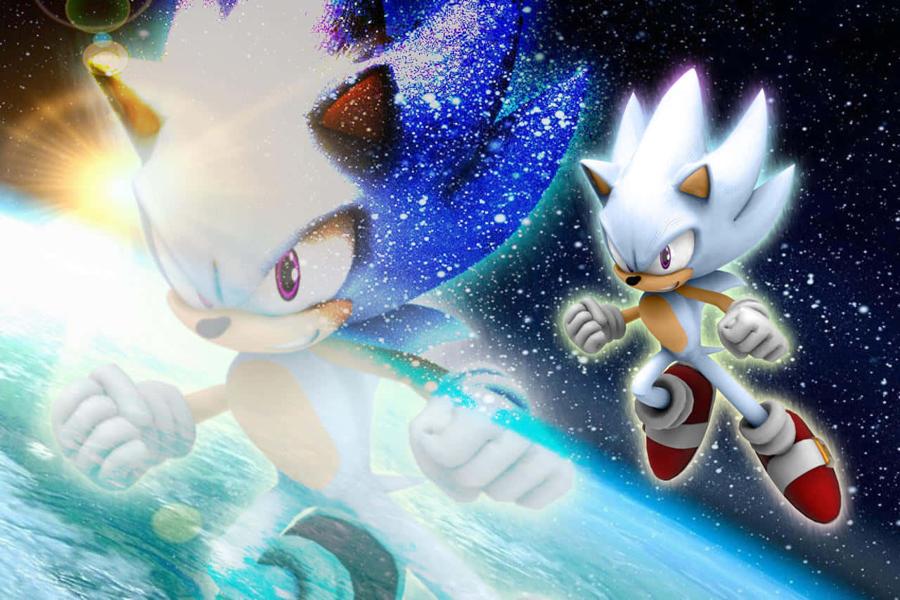 Silver 與 Sonic 在閃爍的宇宙隧道中穿過星空背景飛馳。