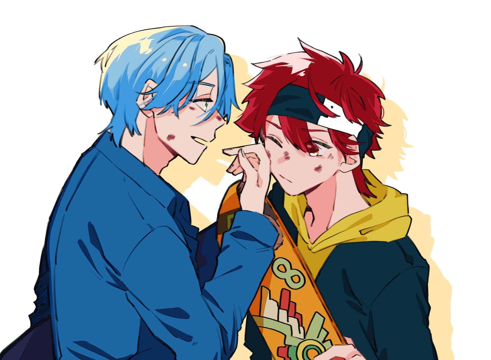 藍髮動漫男孩溫柔地觸摸紅髮男孩的臉頰。