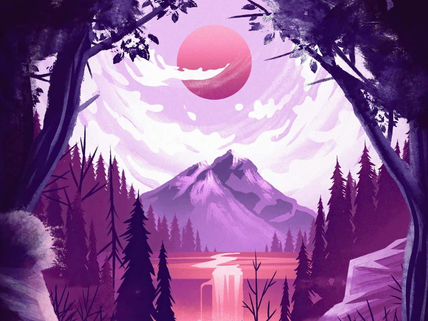 加那利群島拉帕爾馬的岩石海灘 壁紙 — 樹木環繞的紫色山景，粉紅色的太陽在雪峰和倒映的湖泊後落下。