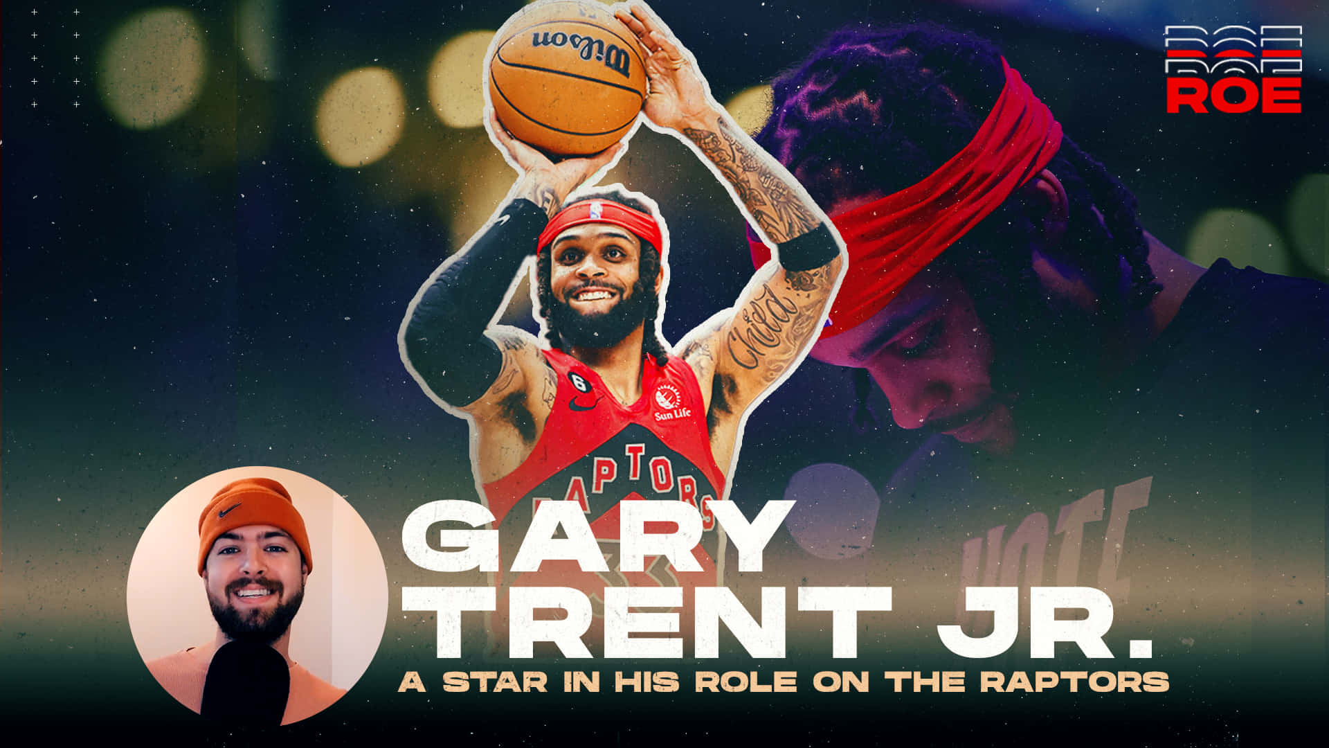 Gary Trent Jr. 身穿速龍球衣，在舞台燈光下投籃，紋身清晰可見。