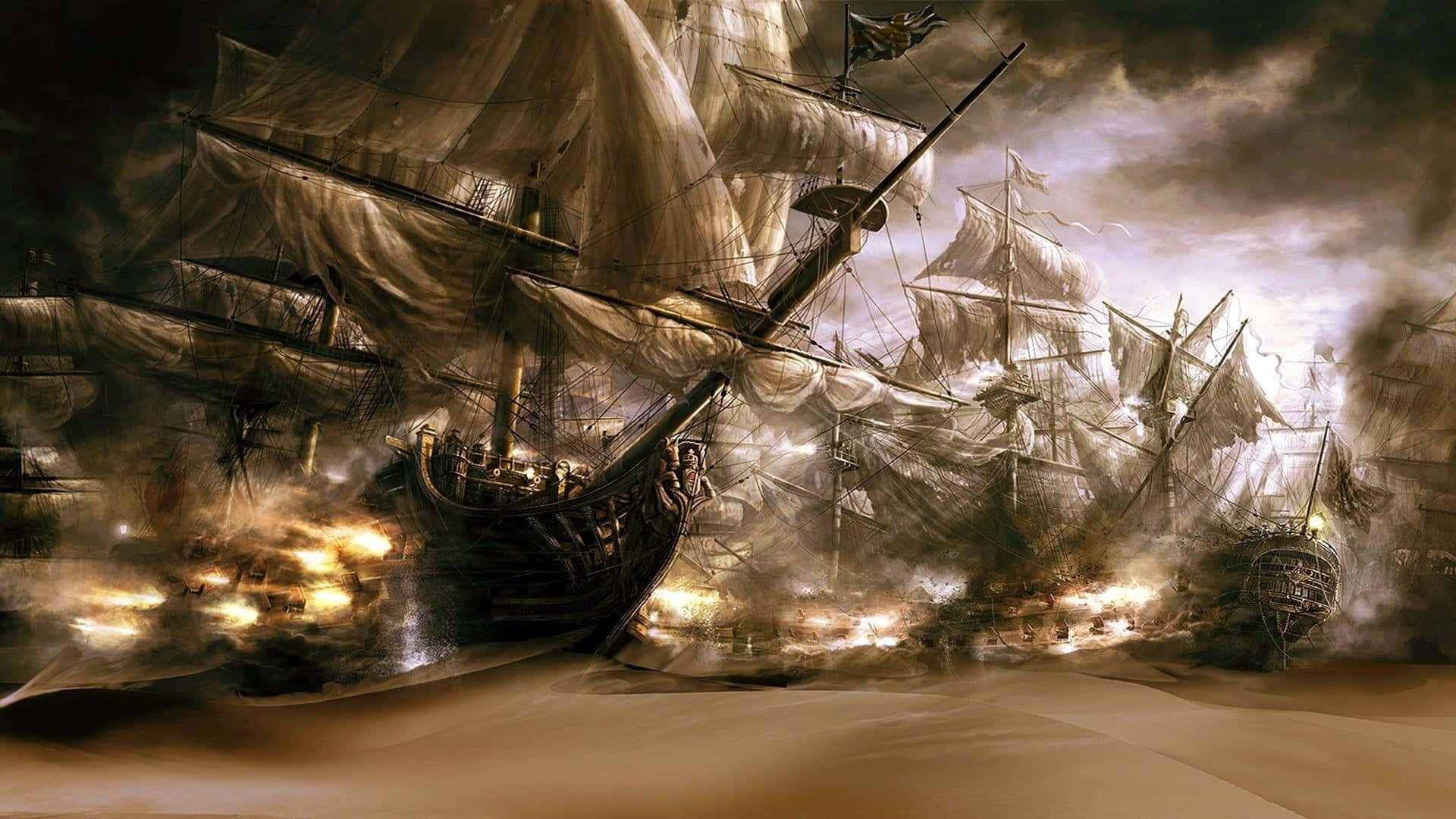 Pirate Ship 桌布 壁紙 — 加里昂船在暴風雨的天空下進行激烈的海戰，煙霧和火焰照亮了混亂。