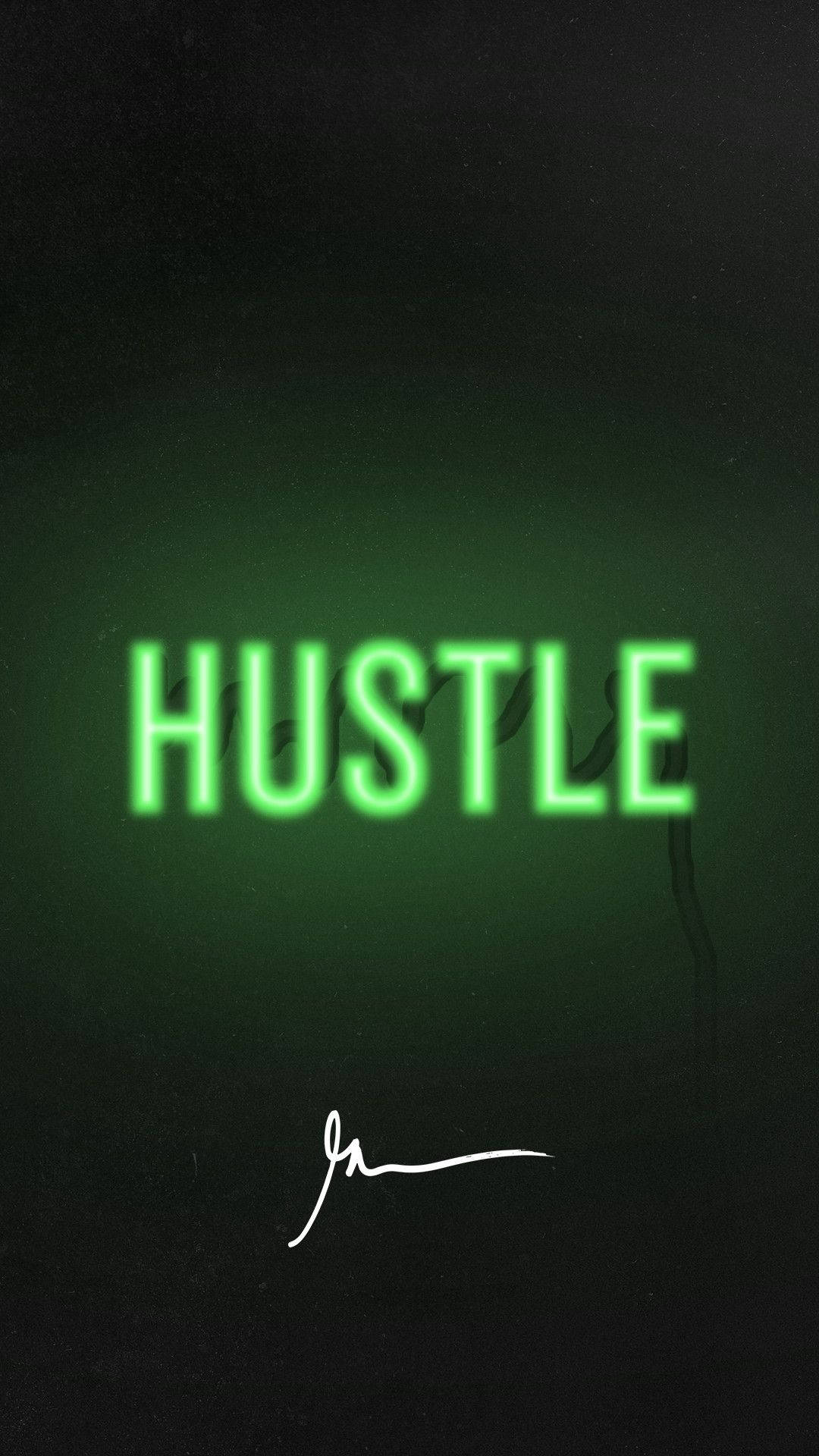 深色背景上帶有白色簽名的霓虹綠色 hustle 字樣
