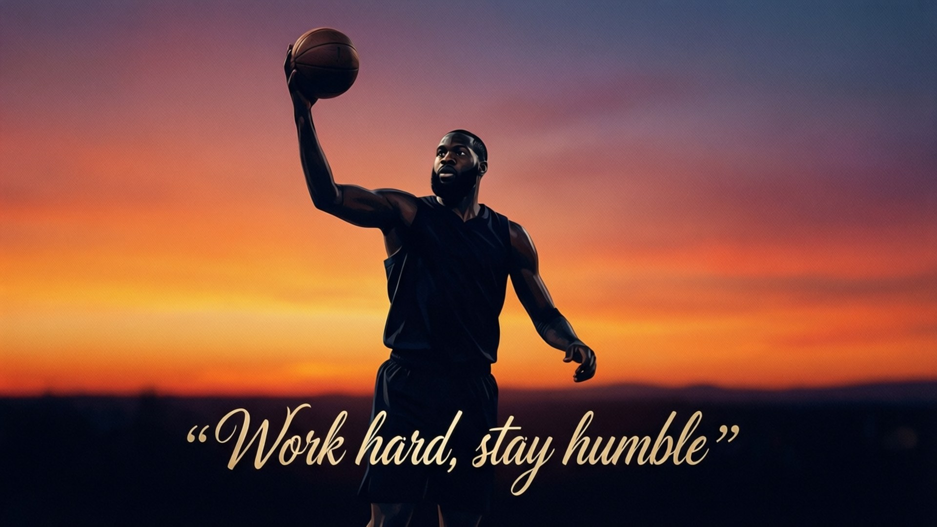 一個籃球運動員在日落背景下形成剪影，手持籃球，附有名言 work hard stay humble