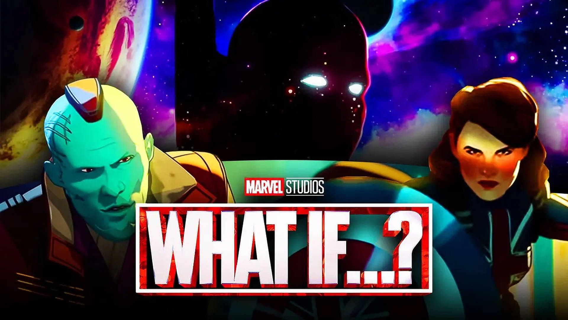 三個動畫Marvel角色在太空中，帶有宇宙背景和'What If...?'標題。
