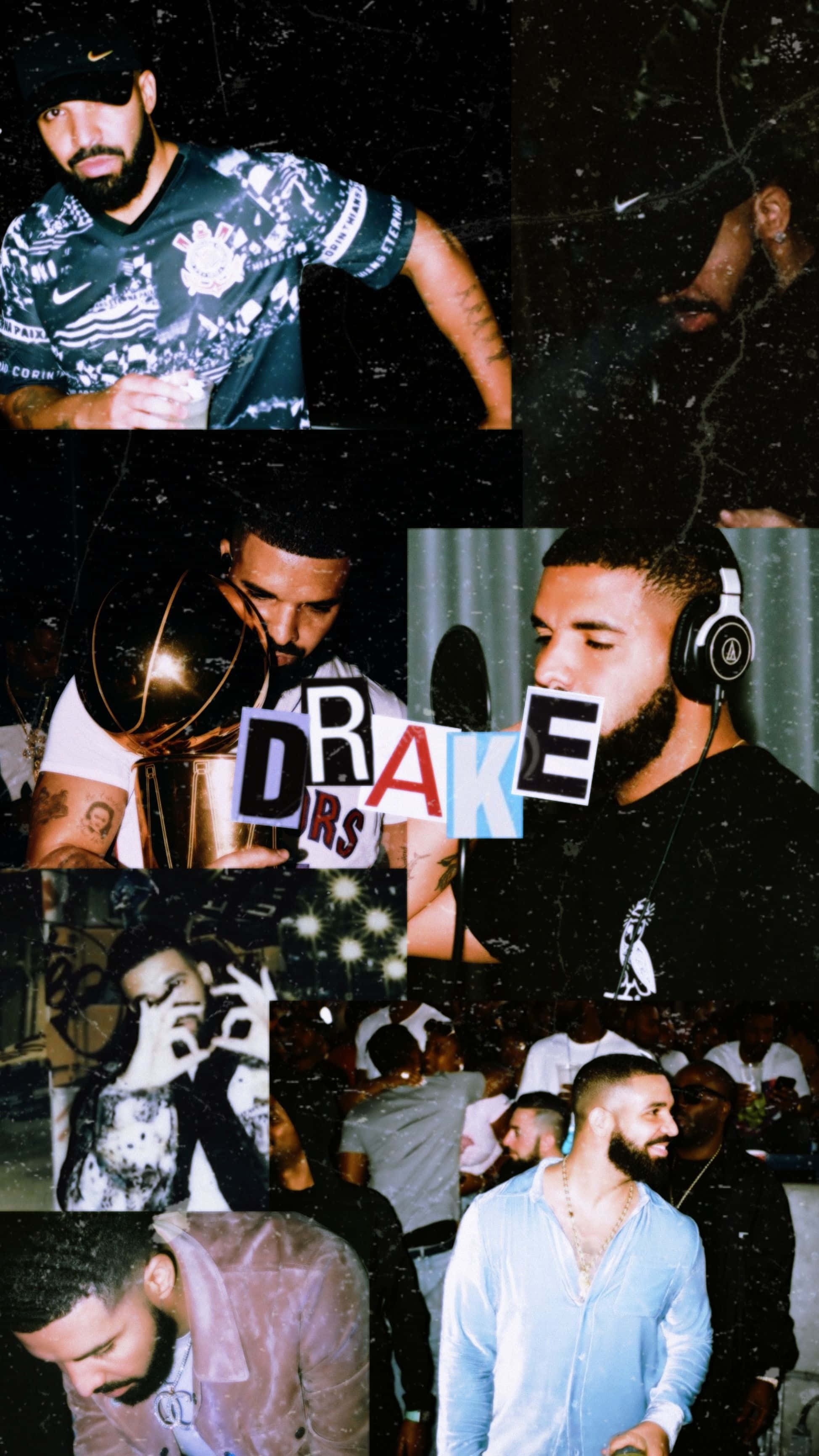 Drake 在不同姿勢中戴著耳機和獎盃的拼貼畫，背景昏暗。