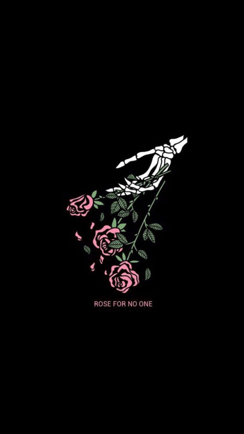 骷髏手在黑色背景上握著粉紅玫瑰，附有文字 rose for no one