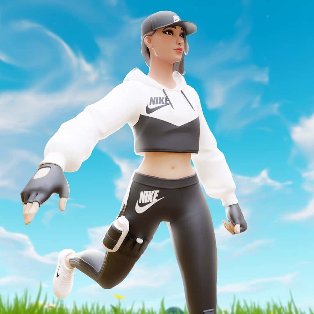 勇敢挑戰自我，穿上時尚的Ruby Fortnite皮膚 壁紙 — 一位穿著Nike裝備的風格化女跑手，在晴朗藍天和薄雲下自信地跨過充滿活力的綠色田野。
