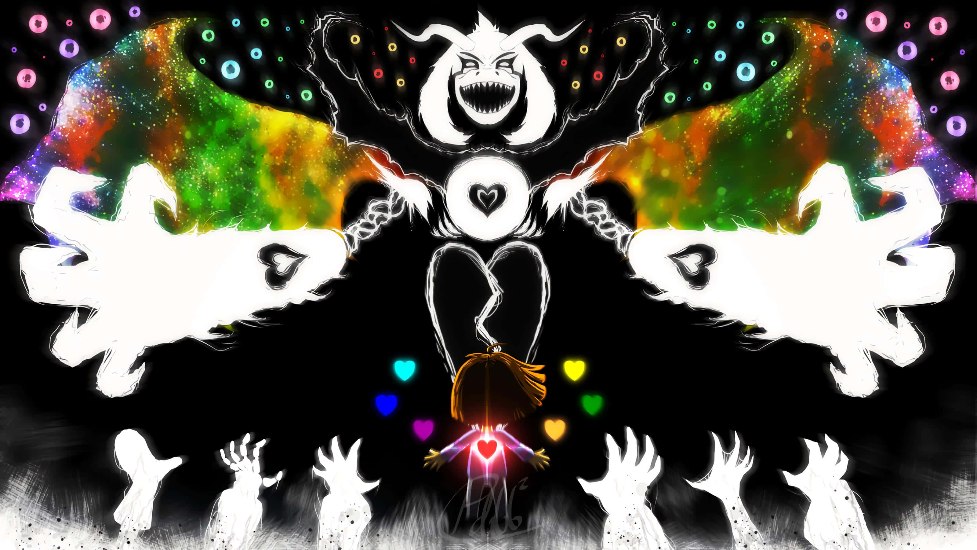 勇敢探索《Undertale》的奇幻世界！ 壁紙 — 一個小孩用發光的心形手面對一個怪物般的白色剪影，背景是宇宙彩虹和漂浮的心形。